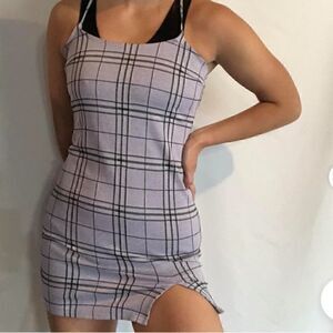 Purple Lavender Plaid Mini Stretchy Adjustable Straps Dress‎